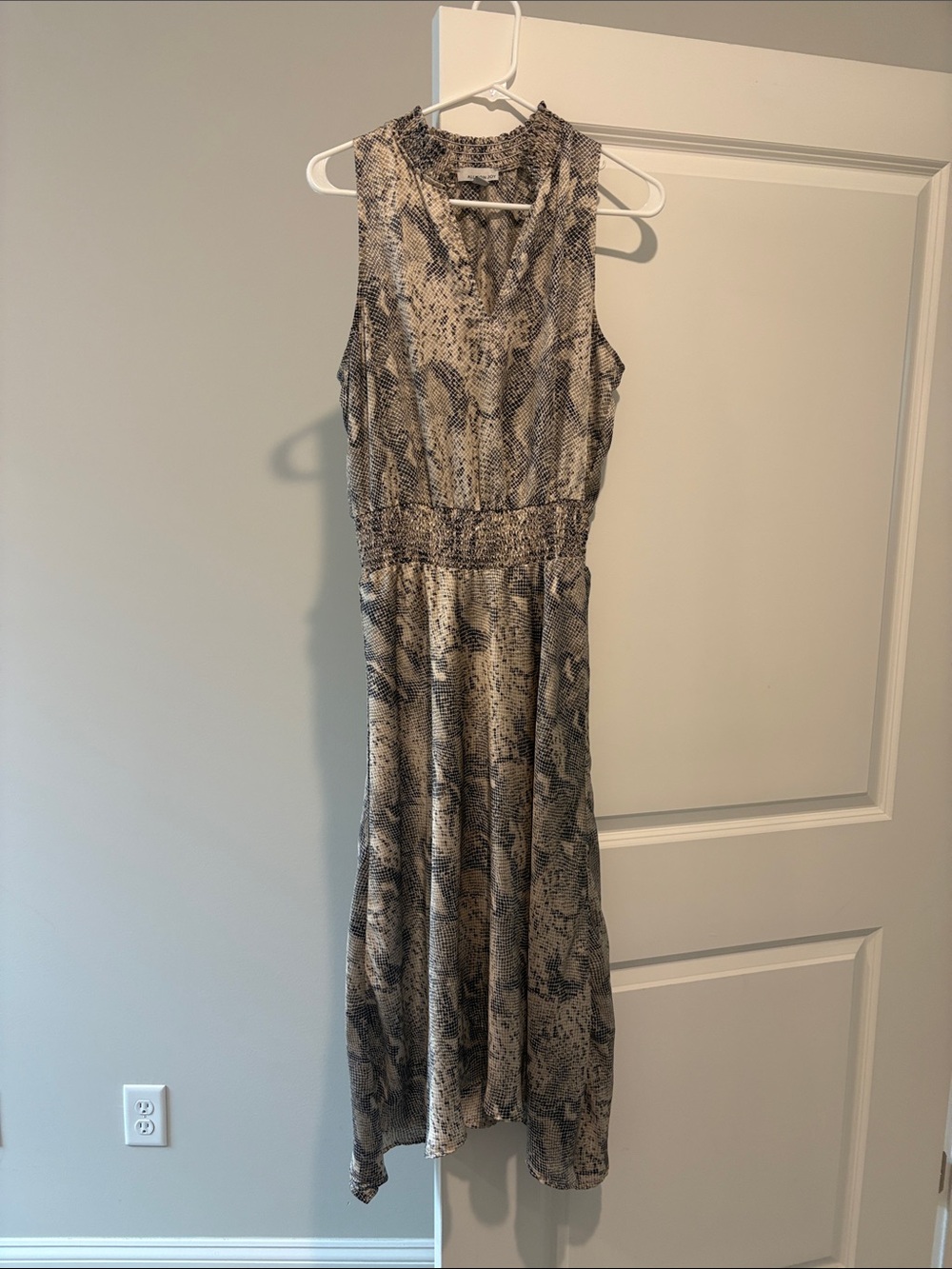 Allison Joy Sleeveless Snake-Print Midi Dress in Beige and Black